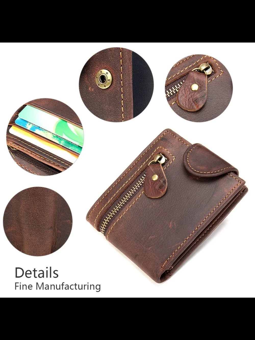 Vintage Brown Leather Men’s Wallet with Zipper Coin Pocket